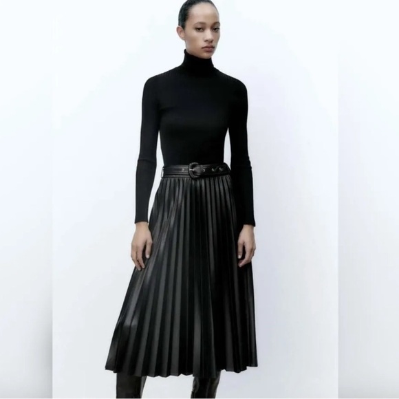 Zara Black Pleated Midi A-Line Skirt - Picture 1 of 11